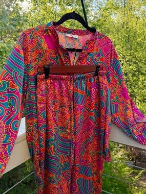 NATORI 2 Piece Tropical Indian Pajama Silky Lounge Set Magenta Purple Medium